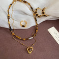 Vintage Tiger Eye Stone Round C Hoop Earrings Necklace Ring Jewelry Set For Women view 3