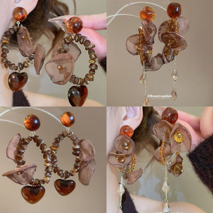 Retro Maillard Fabric Mesh Pom Ball Oval Rhinestone Drop Earrings With Silver Pin