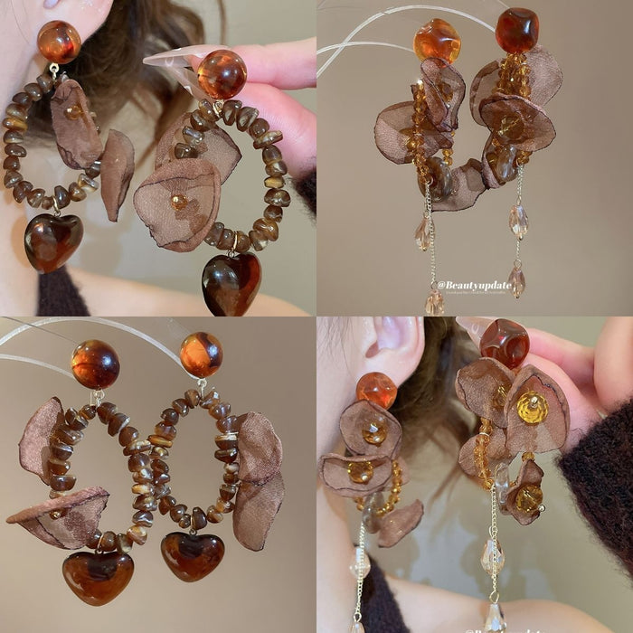 Retro Maillard Fabric Mesh Pom Ball Oval Rhinestone Drop Earrings With Silver Pin