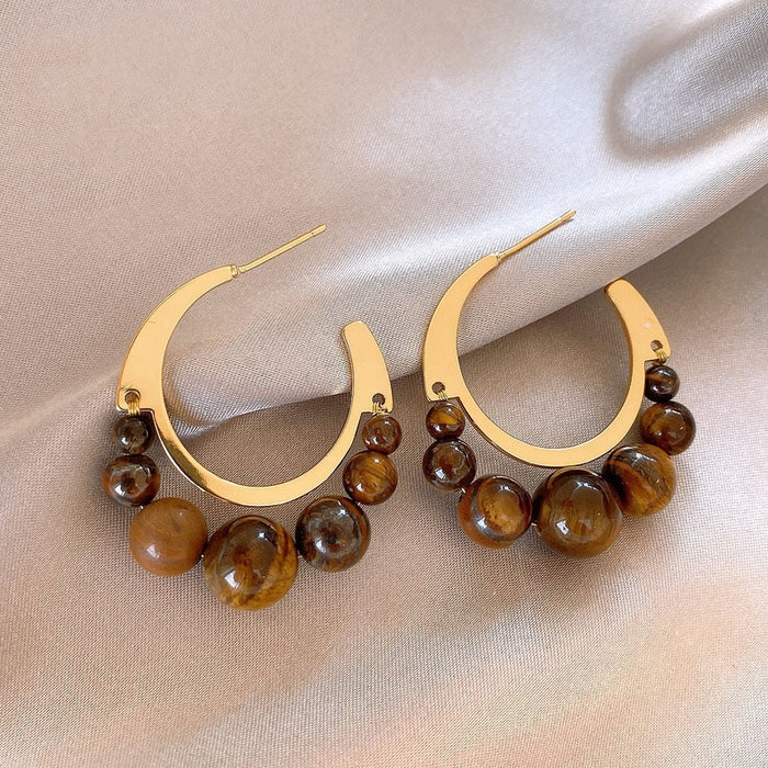 Tiger Eye Beaded Geometric Round C Shape Stud Earrings Retro Maillard Style For Women