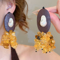 Ethnic Style Resin And Wood Oval Irregular Beaded Drop Earrings With Silver Pins view 1