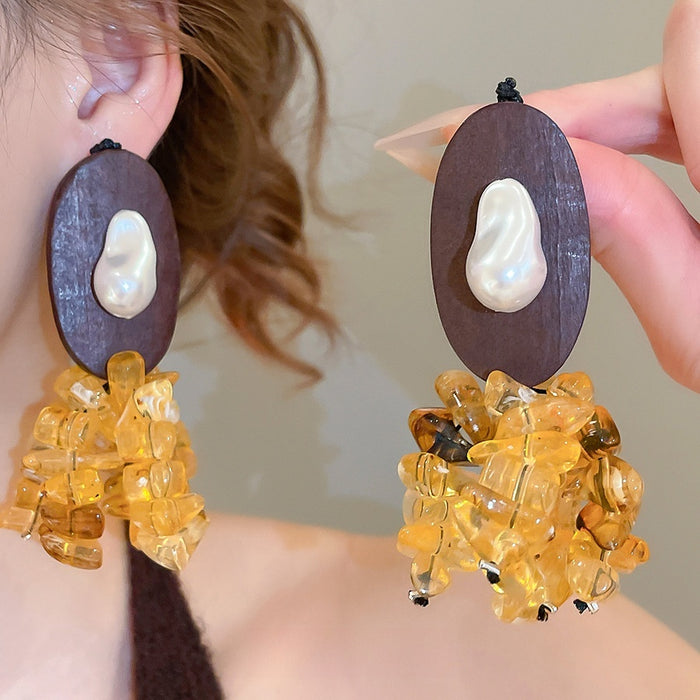 Ethnic Style Resin And Wood Oval Irregular Beaded Drop Earrings With Silver Pins