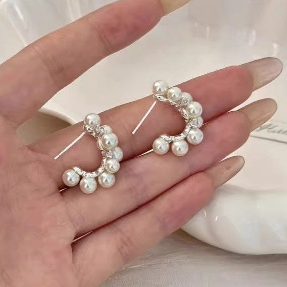 Light Luxury Faux Pearl Rhinestone Geometric C-Shaped Stud Earrings For Women