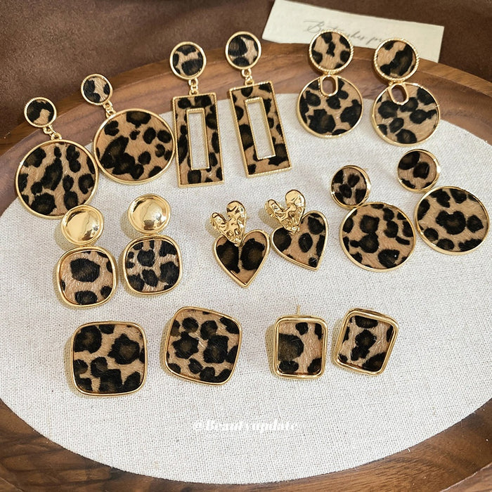 European Style Alloy Leopard Print Faux Horsehair Rectangle Stud Earrings For Women