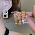 18K Gold Plated Copper Square Zircon Hollow Drop Stud Earrings With Silver Pins view 1