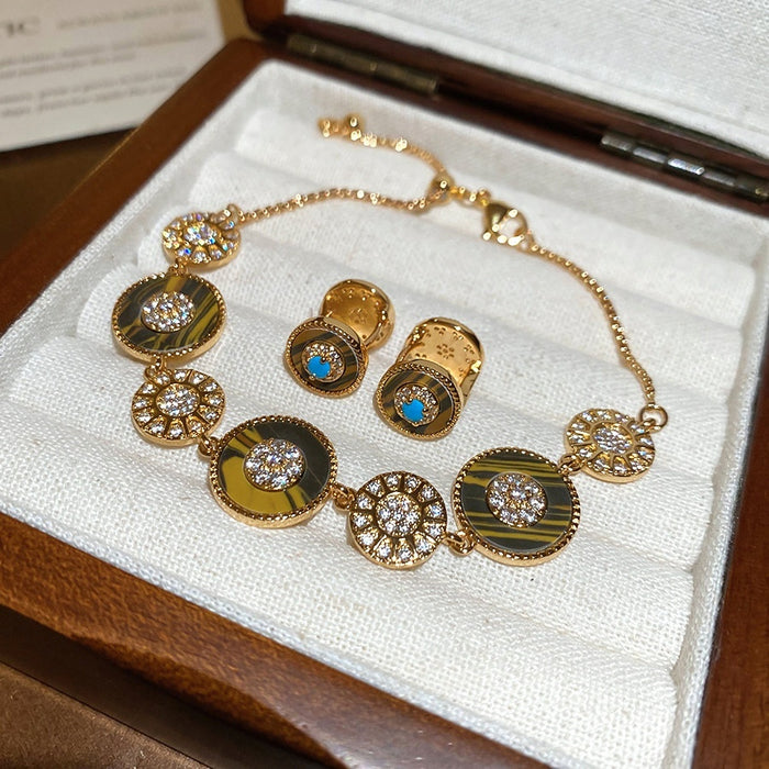 18K Gold Plated Copper Zircon Mother Of Pearl Sun Jewelry Set Vintage Bracelet Earrings