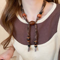 Vintage Ethnic Resin Cotton Linen Wood Bead Star Pendant Sweater Necklace view 4