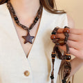 Vintage Ethnic Resin Cotton Linen Wood Bead Star Pendant Sweater Necklace view 2