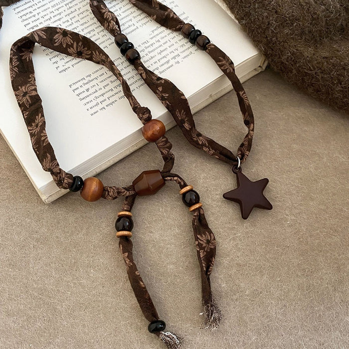 Vintage Ethnic Resin Cotton Linen Wood Bead Star Pendant Sweater Necklace