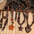 Ethnic Style Cotton Linen Wood Bead Star Pendant Adjustable Scarf Sweater Necklace view 1