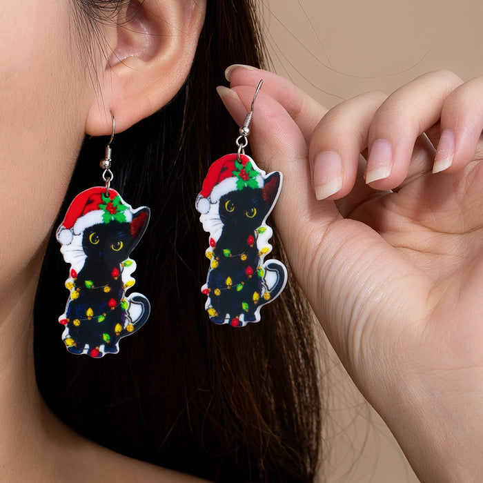 Cute Christmas Black Cat Acrylic Drop Earrings For Women, Santa Hat Holiday Creative Fashion Earrings
