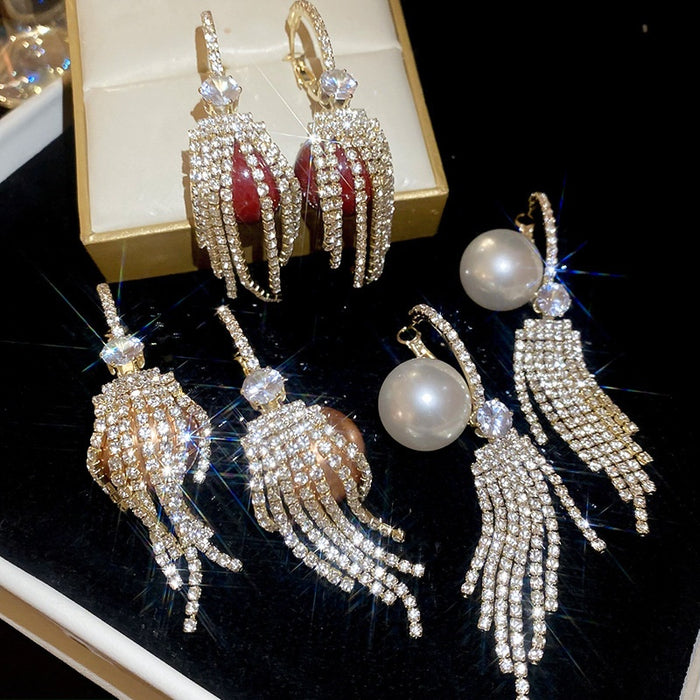 Light Luxury Faux Pearl Zirconia Round Tassel Hoop Earrings For Women