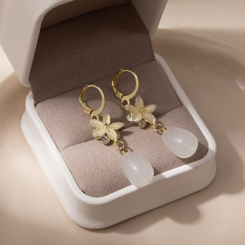 Elegant New Chinese Style Alloy Rhinestone Flower White Pearl Teardrop Tassel Dangle Earrings