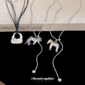 Brushed Alloy Square Hollow Horse Pendant Sweater Necklace Minimalist Clavicle Chain For Women view 1