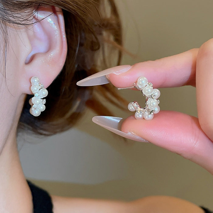Elegant French Faux Pearl Teardrop Drop Earrings With Rhinestone Accents And Silver Posts