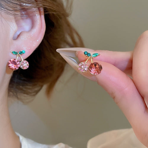 Sweet Rhinestone Cherry Pendant Stud Earrings With Silver Pins And Alloy Fruit Charm Design