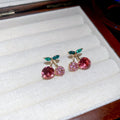 Sweet Rhinestone Cherry Pendant Stud Earrings With Silver Pins And Alloy Fruit Charm Design view 3