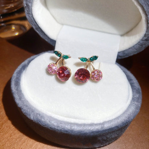 Sweet Rhinestone Cherry Pendant Stud Earrings With Silver Pins And Alloy Fruit Charm Design