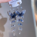 Silver Needle Crystal Beaded Butterfly Teardrop Tassel Drop Earrings For Women view 3