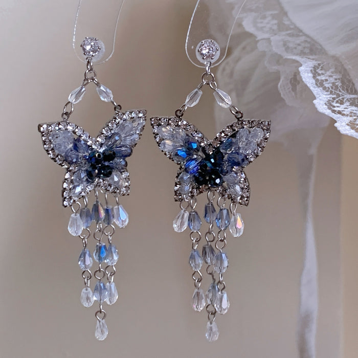 Silver Needle Crystal Beaded Butterfly Teardrop Tassel Drop Earrings For Women