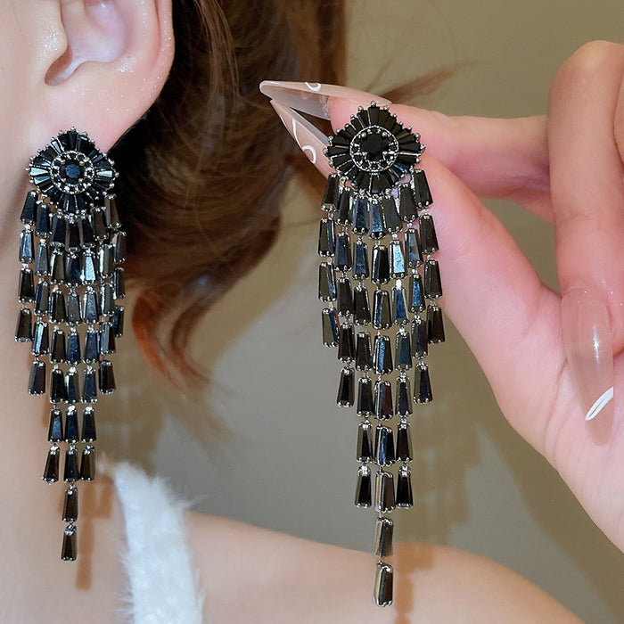 Copper Geometric Rhombus Tassel Earrings With Silver Pins And Sparkling Zircon For Women