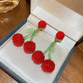 Silver Needle Pom Pom Acrylic Crystal Cherry Drop Earrings Sweet Fruit Design Jewelry view 4