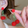 Silver Needle Pom Pom Acrylic Crystal Cherry Drop Earrings Sweet Fruit Design Jewelry view 1