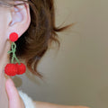 Silver Needle Pom Pom Acrylic Crystal Cherry Drop Earrings Sweet Fruit Design Jewelry view 3