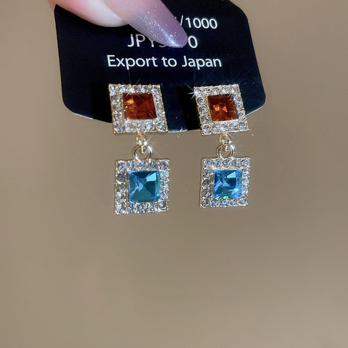 Alloy Silver Needle Sparkling Rhinestone Square Pendant Drop Earrings French Court Style