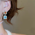 Alloy Silver Needle Sparkling Rhinestone Square Pendant Drop Earrings French Court Style view 3