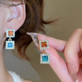 Alloy Silver Needle Sparkling Rhinestone Square Pendant Drop Earrings French Court Style view 1