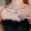 Sparkling Oval Rhinestone Copper Jewelry Set With Ring Necklace And Stud Earrings view 2