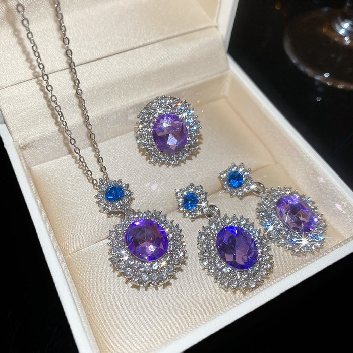 Sparkling Oval Rhinestone Copper Jewelry Set With Ring Necklace And Stud Earrings