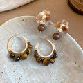 Vintage Resin Flower Round Wood Bead Pendant Drop Earrings For Women Maillard Style view 3