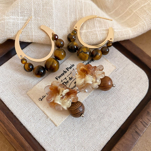 Vintage Resin Flower Round Wood Bead Pendant Drop Earrings For Women Maillard Style