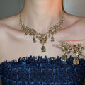 Alloy Rhinestone Flower Teardrop Pendant Necklace Earrings Jewelry Set For Women Court Style view 2