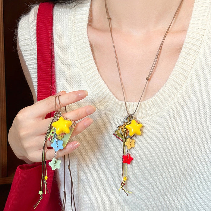 Vacation Style Acrylic Star And Square Pendant Sweater Necklace For Women Cartoon Geometric Collarbone Chain