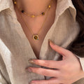 18K Gold Plated Copper Tiger Eye Beaded Sweater Necklace Vintage Maillard Geometric Round Pendant view 3