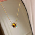 18K Gold Plated Copper Tiger Eye Beaded Sweater Necklace Vintage Maillard Geometric Round Pendant view 4