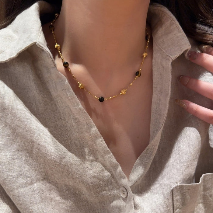 18K Gold Plated Copper Tiger Eye Beaded Sweater Necklace Vintage Maillard Geometric Round Pendant
