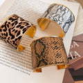 Leopard Print Leather Wide Open Iron Bangle Maillard Style Statement Jewelry For Women view 1