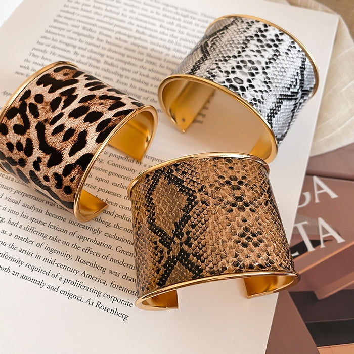 Leopard Print Leather Wide Open Iron Bangle Maillard Style Statement Jewelry For Women