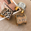 Leopard Print Leather Wide Open Iron Bangle Maillard Style Statement Jewelry For Women view 3