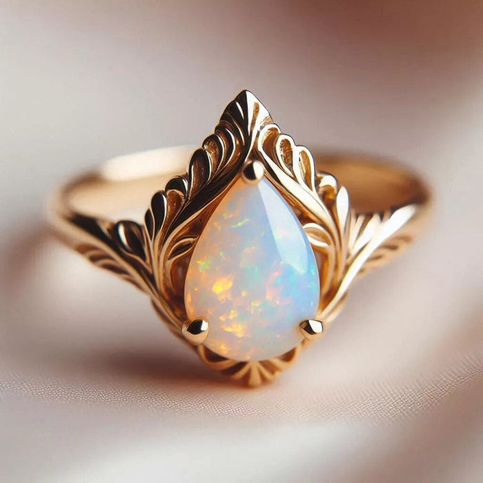 European Textured Water Drop Faux Opal Ring For Women, Palace Style Dress Accessory