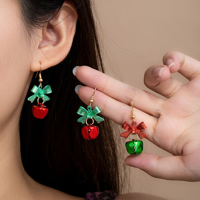 Christmas Bowknot Jingle Bell Alloy Enamel Drop Dangle Festive Holiday Party Fashion Earrings