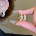14K Gold Plated Faux Pearl Zircon Geometric Round Ear Cuff Earrings For Women view 2