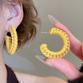 Handwoven PU Leather C Shape Geometric Drop Earrings With Silver Needle Studs view 4