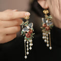 Vintage Enamel Alloy Butterfly Leaf Flower Tassel Drop Earrings Ethnic Style Ear Hooks for Women view 2