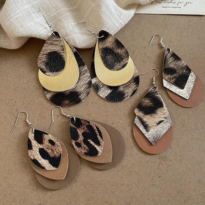 Vintage Leather Leopard Print Teardrop Diamond Tassel Drop Earrings