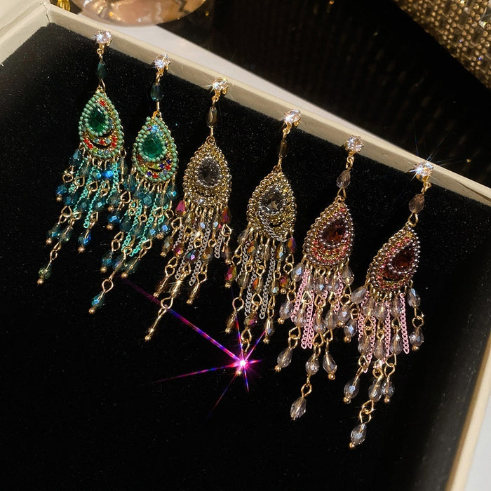 Vintage Ethnic Teardrop Crystal Tassel Drop Earrings With Rhinestone Inlay And Silver Needle